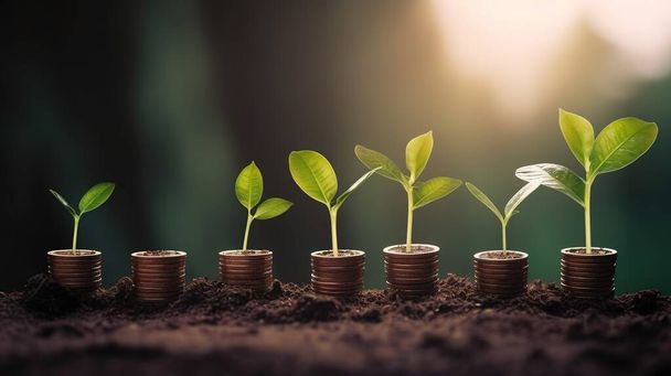 植物が生えているコインの山の列。貯金コインの木の葉、銀行投資を節約するビジネスファイナンス - 写真・画像