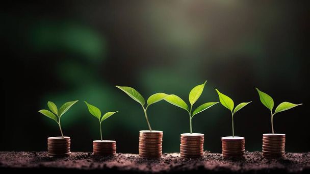 a row of stacks of coins with a plant growing out of them. Tree leaf on save money coins, Business finance saving banking investment - Zdjęcie, obraz