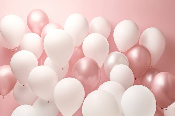 růžové a bílé balónky vznášející se nad světle růžové a bílé pozadí AI - Fotografie, Obrázek