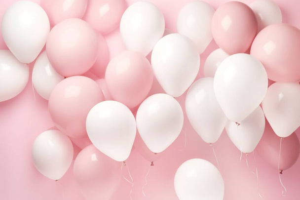 balões rosa e branco flutuando acima de um fundo rosa pálido e branco AI - Foto, Imagem