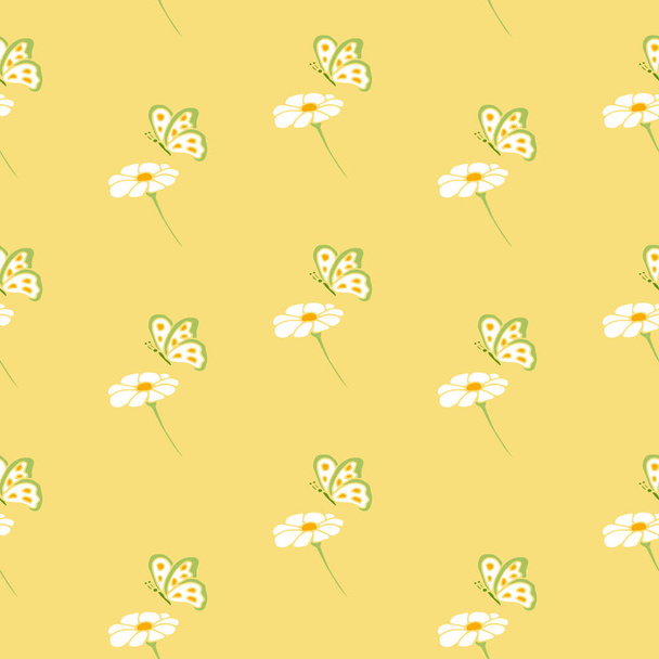 Modello senza cuciture semplice fiore con farfalla su sfondo giallo, per carta da parati, sfondo, carta da imballaggio, tessile, tessuti - Vettoriali, immagini