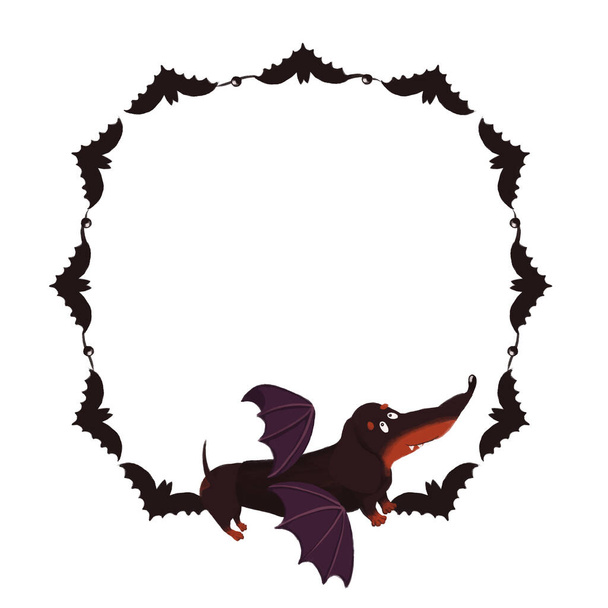 Spooky Halloweeen Frame with bats and dachshund.  - Foto, imagen