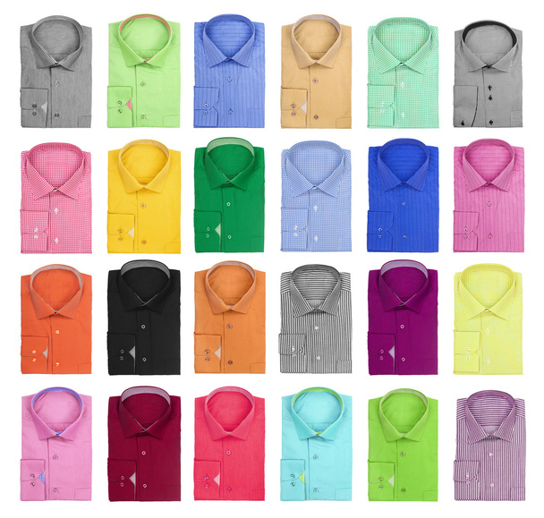 collection of colorful bright men's shirts on a white background - 写真・画像