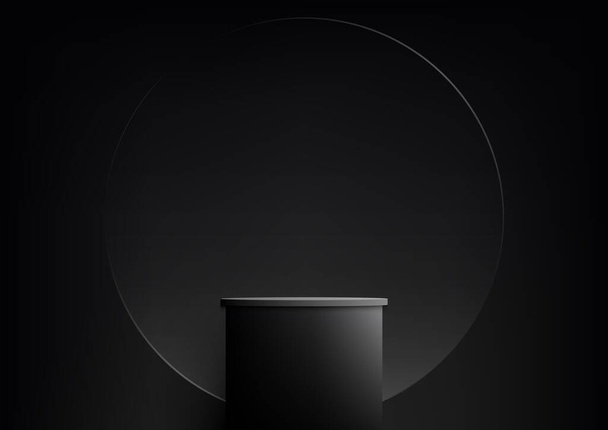 3D plataforma pódio preto vazio realista com círculo geométrico fundo de vidro transparente em fundo escuro estilo mínimo. Você pode usar para apresentação cosmética de beleza, mockup vitrine, showroom, promoção de suporte de produto, etc. Ilustração vetorial - Vetor, Imagem