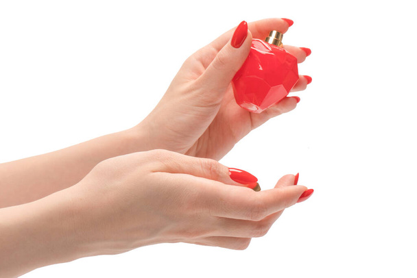 Czerwona butelka perfum w ręce kobiety z czerwonymi paznokciami odizolowana na białym tle. Przestrzeń kopiowania.  - Zdjęcie, obraz