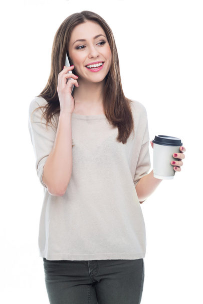 Woman with mobile phone and coffee - Fotoğraf, Görsel