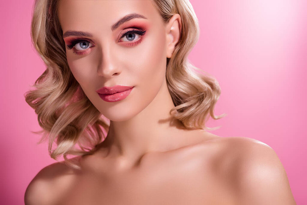 Cropped studio professional photo of stunning lady with shiny make up isolated pastel color background. - Photo, Image