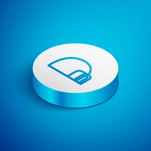 Isometric line Igloo ice house icon isolated on blue background. Snow home, Eskimo dome-shaped hut winter shelter, made of blocks. White circle button. Vector. - Vector, Image