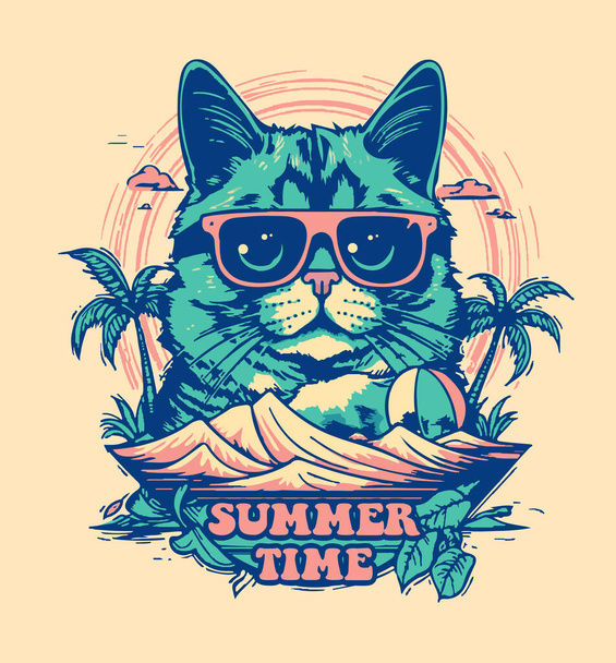 Hello summer retro vector poster with cat in sunglasses - Vector, imagen