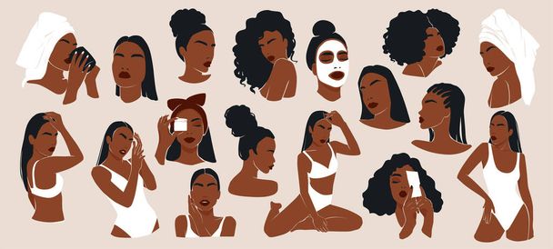 Woman Vector Illustration Set. Beautiful Girls Dark Skin. Modern Female Collection. Portraits with Face Mask, Cream, Towel. Abstract Women Body in Swimsuit, bikini. Contemporary Art. - Wektor, obraz