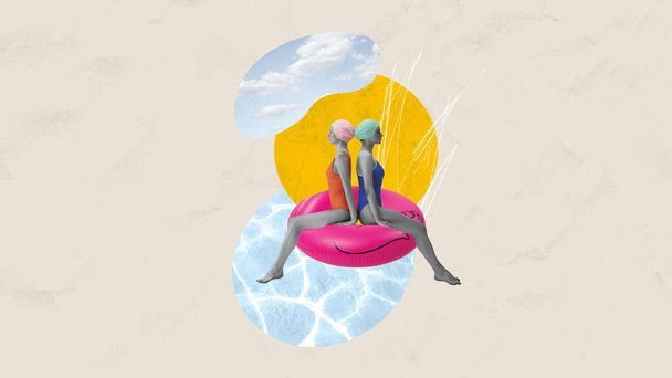 Two young girls in swimsuits sitting on swimming circle and swimming in pool. Pastel background. Contemporary art collage. Concept of summertime holidays, inspiration, travel, vacation, rest - Foto, Bild