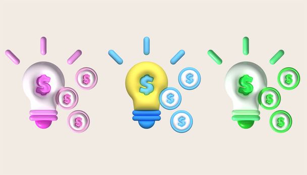 3d illustration light bulb and money dollar Idea concept of making money or saving money. - Fotoğraf, Görsel