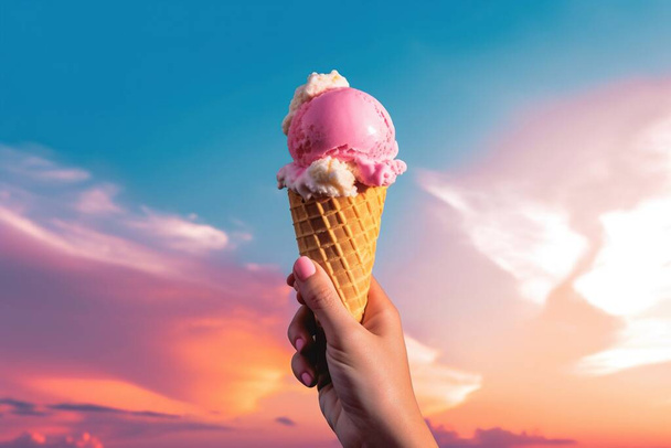 henkilö, joka pitää vaaleanpunaista jäätelökartiota aurinkoisella taivaalla rehevien värien, silmäänpistävän koostumuksen tyyliin - Valokuva, kuva