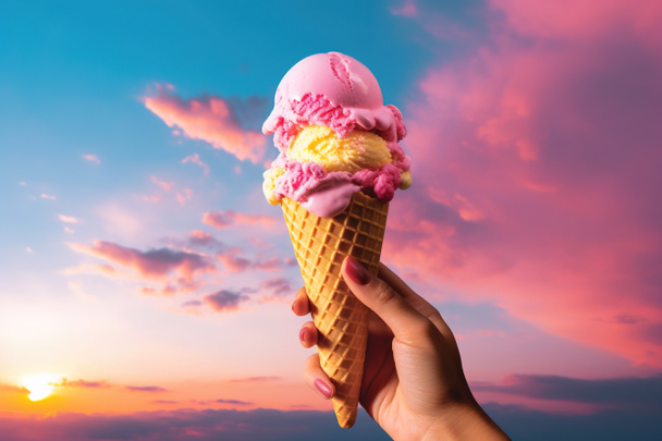 晴れた空にピンクのアイスクリームコーンを持っている人は、緑豊かな色、目を引く組成物のスタイルで、 - 写真・画像