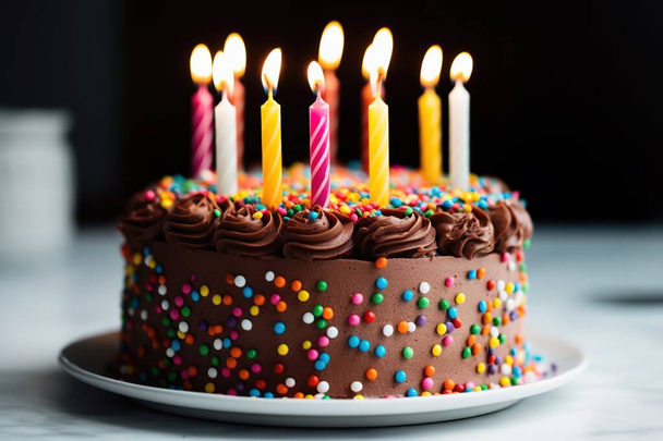 Çikolatalı doğum günü pastası açık gri ve koyu kahverengi yapay zeka tarzında renkli serpintiler ve mumlar içerir. - Fotoğraf, Görsel