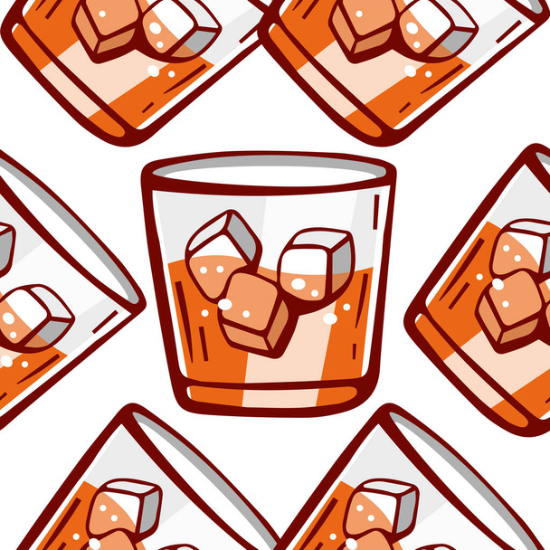 Wektorowy wzór napoju bezalkoholowego w przezroczystych szklankach i kostkach lodu w kreskówkowym stylu. - Wektor, obraz