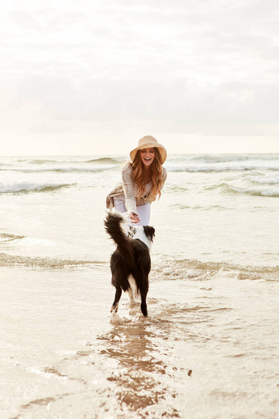 Sahilde oyun oynamanın tadını çıkarıyorum. Genç bir kadın kumsalda köpeğiyle vakit geçiriyor. - Fotoğraf, Görsel