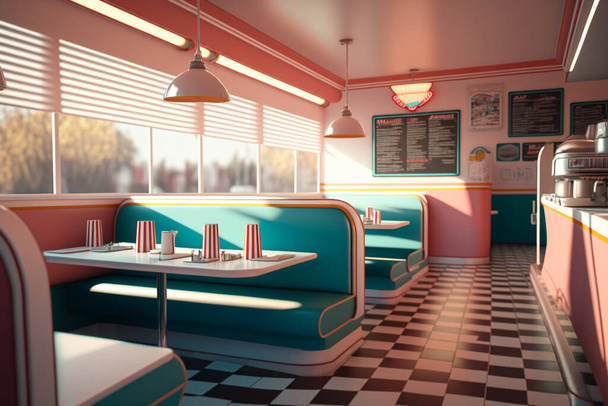 Illustration of the interior of a retro 50s restaurant. No visitors. The interior of the restaurant uses a pink and turquoise tone color theme. - Photo, Image