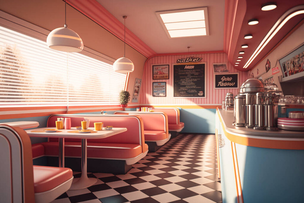 Ilustração do interior de um restaurante retro dos anos 50. Não há visitas. O interior do restaurante usa um tema de cor rosa e turquesa. - Foto, Imagem