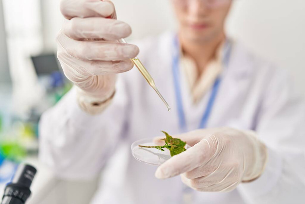 Jeune homme caucasien scientifique versant du liquide sur un échantillon de plante au laboratoire - Photo, image