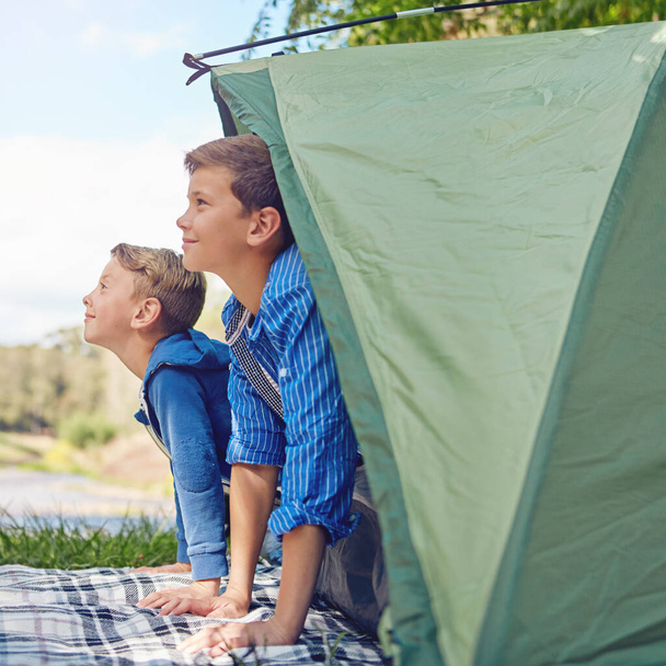 Les encanta acampar. dos hermanos jóvenes saliendo en su tienda de campaña - Foto, imagen
