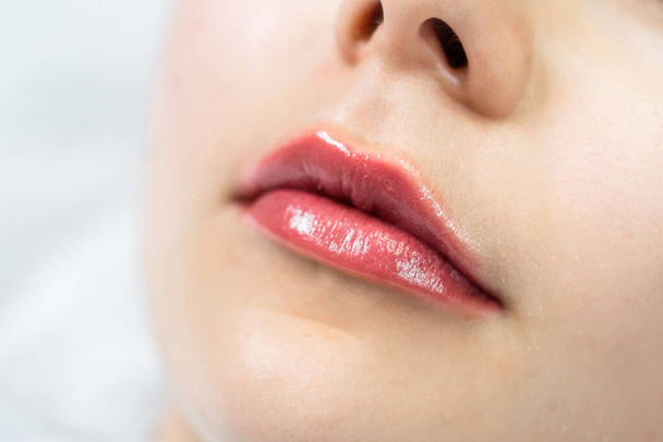 Closeup of female lips after permanent makeup lip blushing procedure - Photo, Image