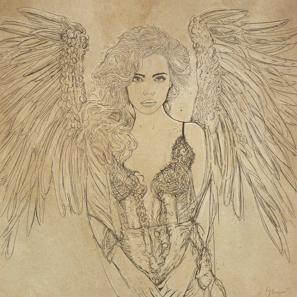 Sketch of beautiful woman with angel wings on old paper background - Foto, immagini