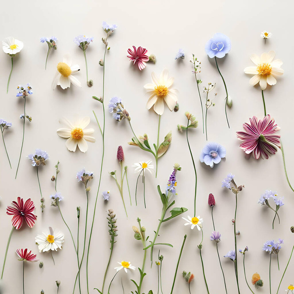various wild flowers lying on neutral white background, flat display - Fotoğraf, Görsel