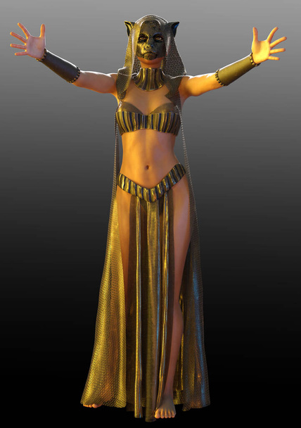 Fantasy Egyptian Cat Goddess Priestess in Gold - Photo, Image