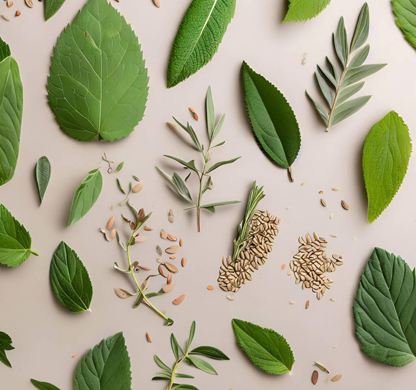 various herbal leaves and seeds on neutral background - Foto, Imagem