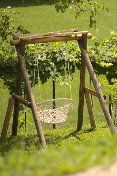 A vertical shot of a wire swing on a wooden foundation in a grassy backyard - Photo, image