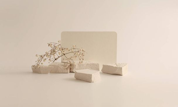 Texture stone platform eco podium and empty card on gray beige  background. Minimal still life display product presentation scene. - Foto, Imagen