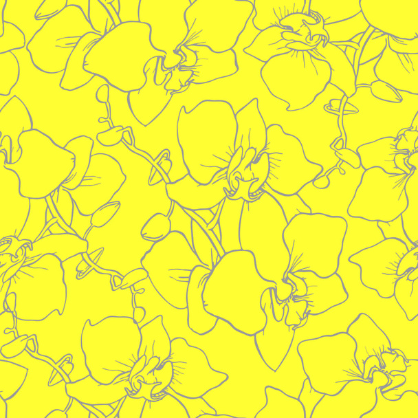 seamless pattern of large gray silhouettes of orchids on a yellow background, texture, design - Vettoriali, immagini