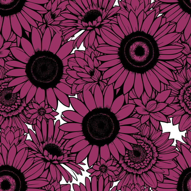 purple daisies seamless pattern with black outline on white background, texture, design - Вектор,изображение