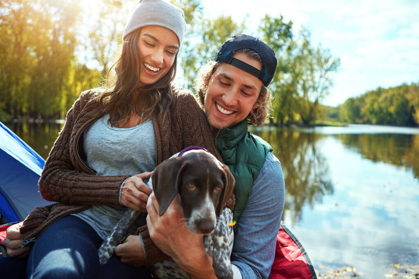 Ci prendiamo del tempo per legare all'aperto. una coppia amorevole fuori campeggio con il loro cane - Foto, immagini