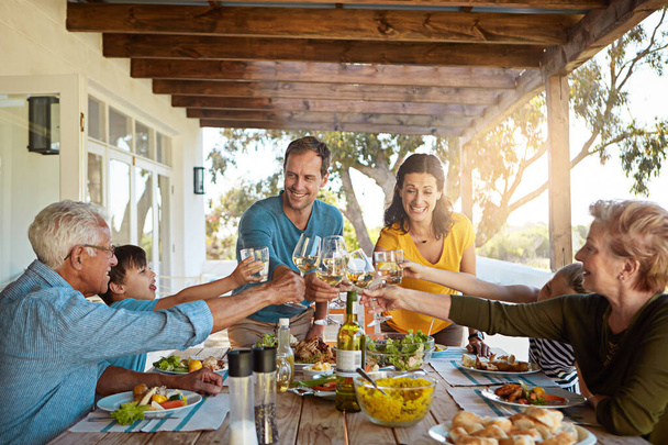 Eat, drink and be merry. a happy family toasting with wine during a family lunch outdoors - Фото, зображення