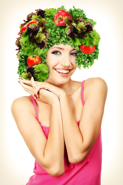 Beautiful young woman with vegetable wig isolated on white - Fotografie, Obrázek