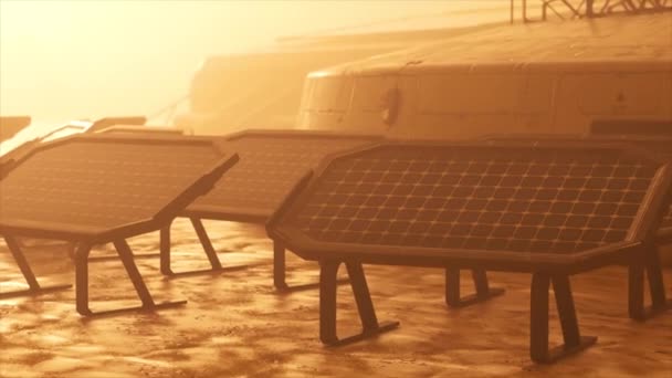Basis op Mars uitgerust met zonnepanelen en apparatuur voor gegevensoverdracht. Exploratie van het universum. Kolonisatie. 3D-animatie. Hoge kwaliteit 4k beeldmateriaal - Video