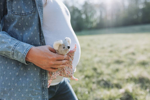 Беременная женщина держит маленькую мышь мягкой игрушкой в солнечном поле - Фото, изображение