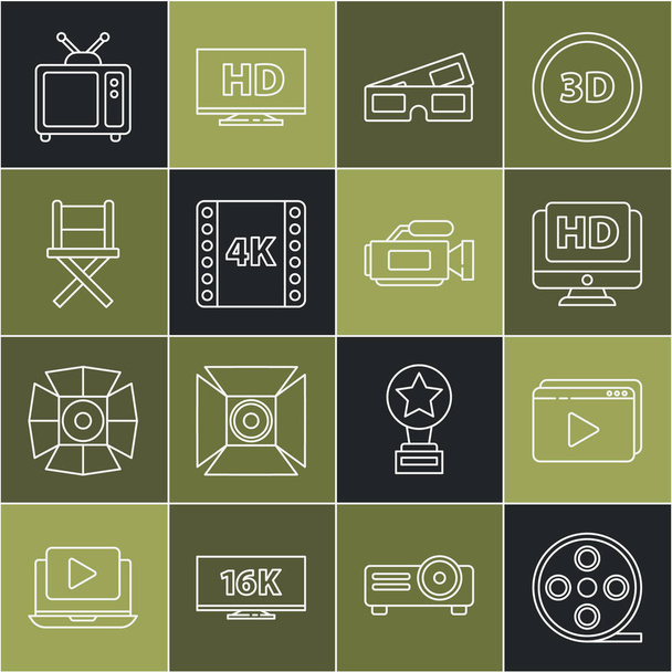 Set line Filmspule Online spielen Video Monitor mit HD 3D Kinobrille 4k Filmband Rahmen Direktor Stuhl Retro tv und Kino Kamera-Symbol. Vektor. - Vektor, Bild