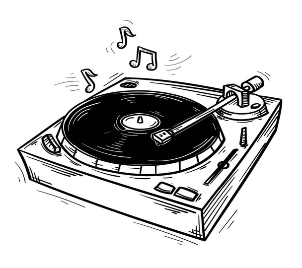 Black and white drawn vinyl turntable record player and musical notes - Vetor, Imagem