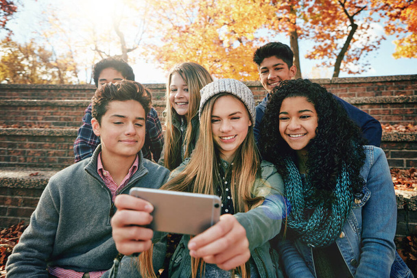 Bu anıyı sonsuza dek sürecekti. Bir grup genç arkadaş dışarıda selfie çekiyorlar. - Fotoğraf, Görsel