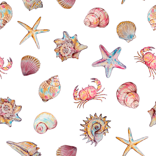 Seamless marine pattern with watercolor underwater life for print and design - Foto, Imagen