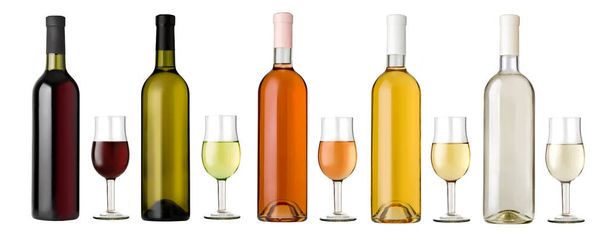 Sada bílých, růžových a červených lahví od vína a sklenic izolovaných na bílém pozadí - Fotografie, Obrázek