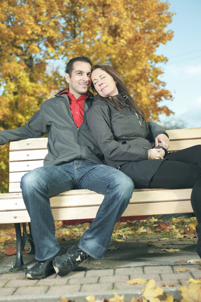A loving couple sitting on bench in autumn background - 写真・画像