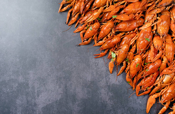 top view of cooked crawfish with lemons and spices surrounded with ingredients on dark cement background - Photo, Image