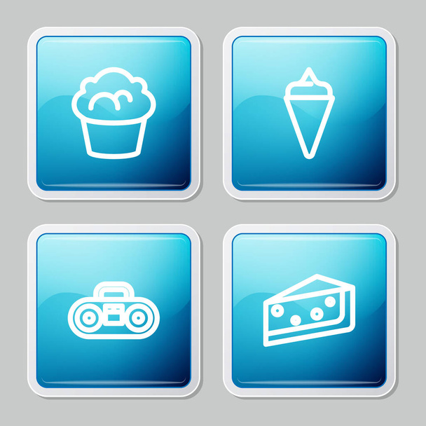 Set line Muffin, Ice cream waffle cone, Home stereo with two speakers and Piece of cake icon. Vector - Vektor, obrázek