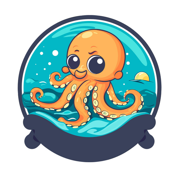 Little smiling octopus. Water pool for children. cartoon vector illustration. label, sticker, t-shirt printing - Vector, Image