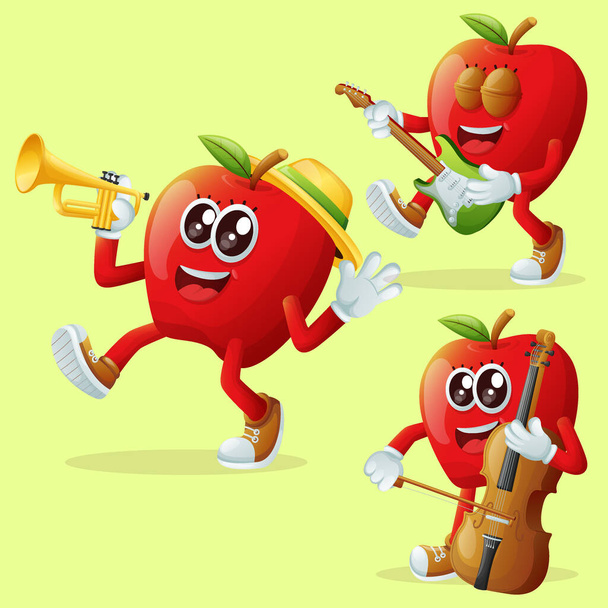 Set of cute apple characters playing musical instruments. Perfect for kids, merchandise and sticke - Vector, afbeelding
