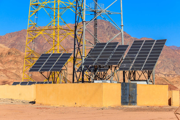 Solar panels in a bedouin village in Sinai desert, Egypt. Renewable energy - Photo, Image
